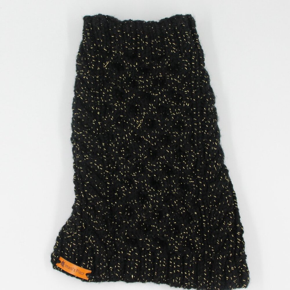 Handmade Hand Knit Black and Gold Shimmer Acrylic Basic Cabled Dog Sweater XS
